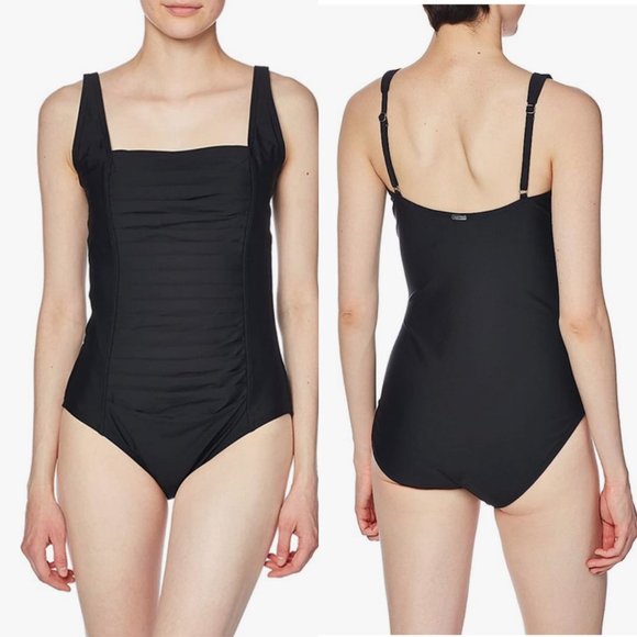 NWT Calvin Klein Pleated-Front One Piece Swimsuit Black Size 14 - Picture 1 of 7